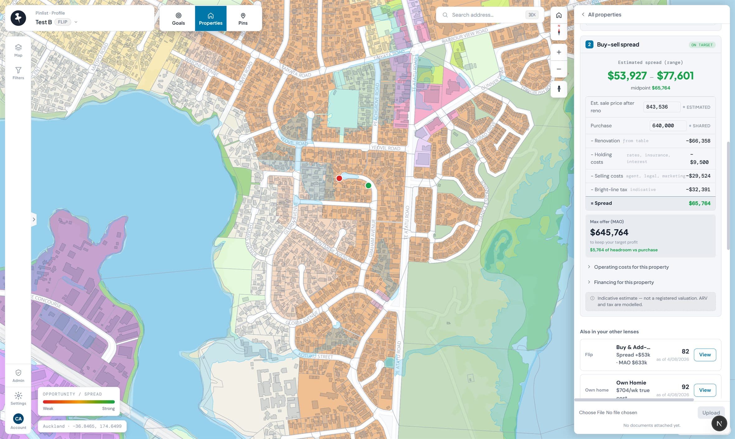 The Pinlist workspace: an Auckland map with green and red scored candidates over zoning and flood overlays, and a property detail panel showing the buy-sell spread, the max offer and the indicative-estimates disclaimer.